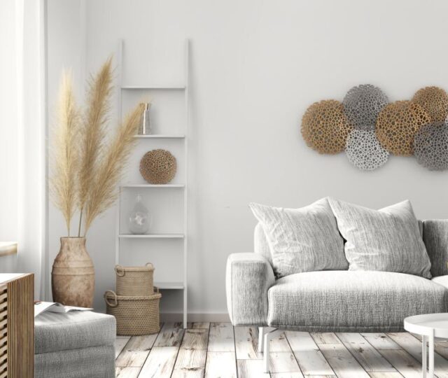 Modern interior design of scandinavian apartment, living room with gray sofa, home design. 3d rendering